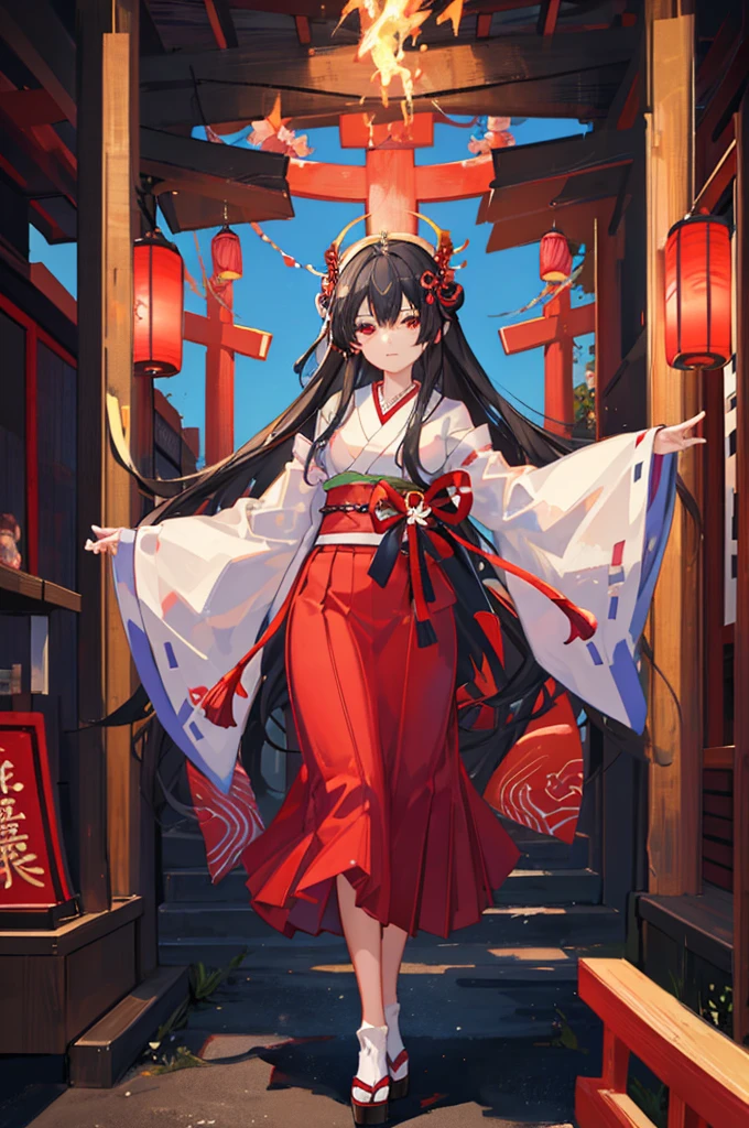 [(detailed Background:1.4)::5],Original,(Illustration:1.1),(Best Quality),(masutepiece:1.1),(the Extremely Detailed CG Unity 8K Wallpapers:1.1), (Colorful:0.9),(mid-shot:0.95),(very detailed beautiful full body),Dynamic Angle,(Solo:1.2), (girl),(((Adult))), (Detailed beautiful eyes:1.15), (Beautiful face:1.15), (glowing red eyes:1.25////),(black hair),paleskin，Pink pupils，Red bow，amaryllis，((Evil smile))，Crystal earrings on the ears，Raven feather skirt,full body,wearing miko thighhighs,((black long hair)),black long hair,night,slim body,thin legs,slender,