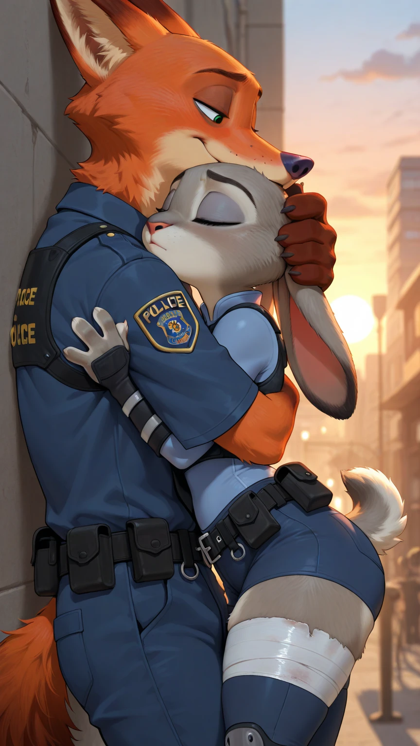 Duo, score_9,score_8_up,score_7_up, source_furry, kemono style, Judy Hopps, purple eyes, she is biting her lip,  ???, standing ???, suspended congress position, ??? with human male, her legs wrapped around his waist, standing ???, human male is grabbing her ???