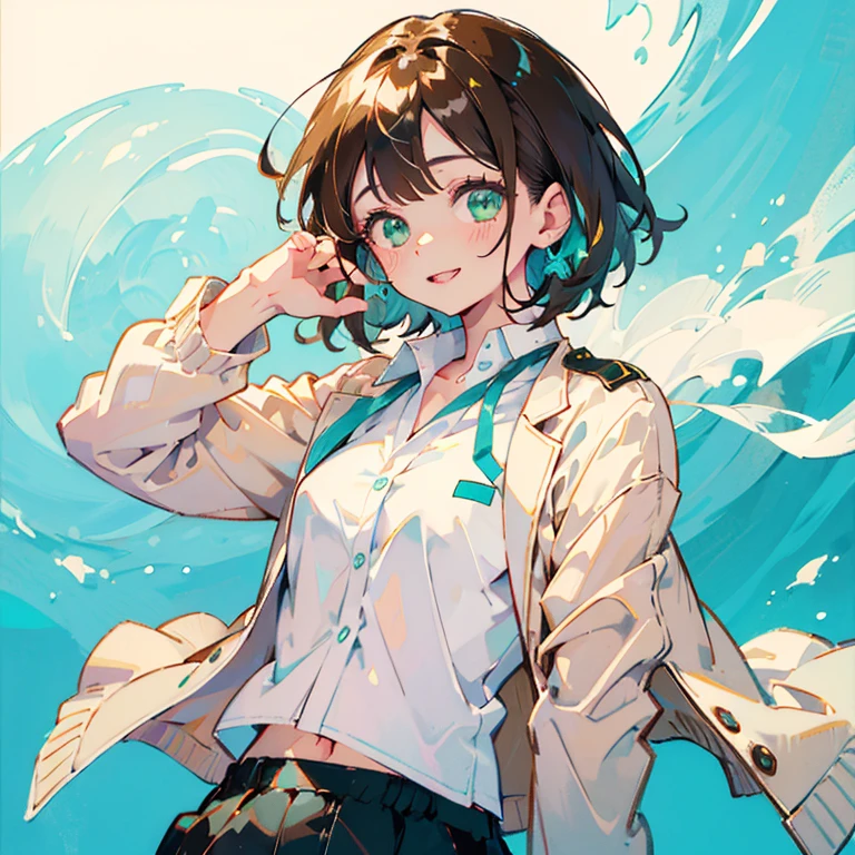 brunette color hair，short detailed hair，By bangs，Yellow eyes，adolable，teens girl，White JK uniform，Background in water，In green water