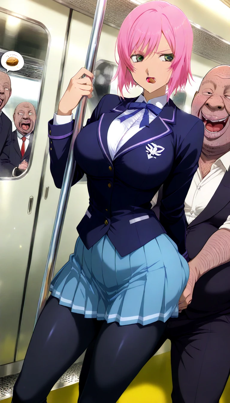 Several adult men in suits、A girl wearing a cute pink  and cute pink  is hugged 、Caressing her 、The girl is surrounded by men with rifles.、Office at work、During the fire、A girl has  with an older man in a  position