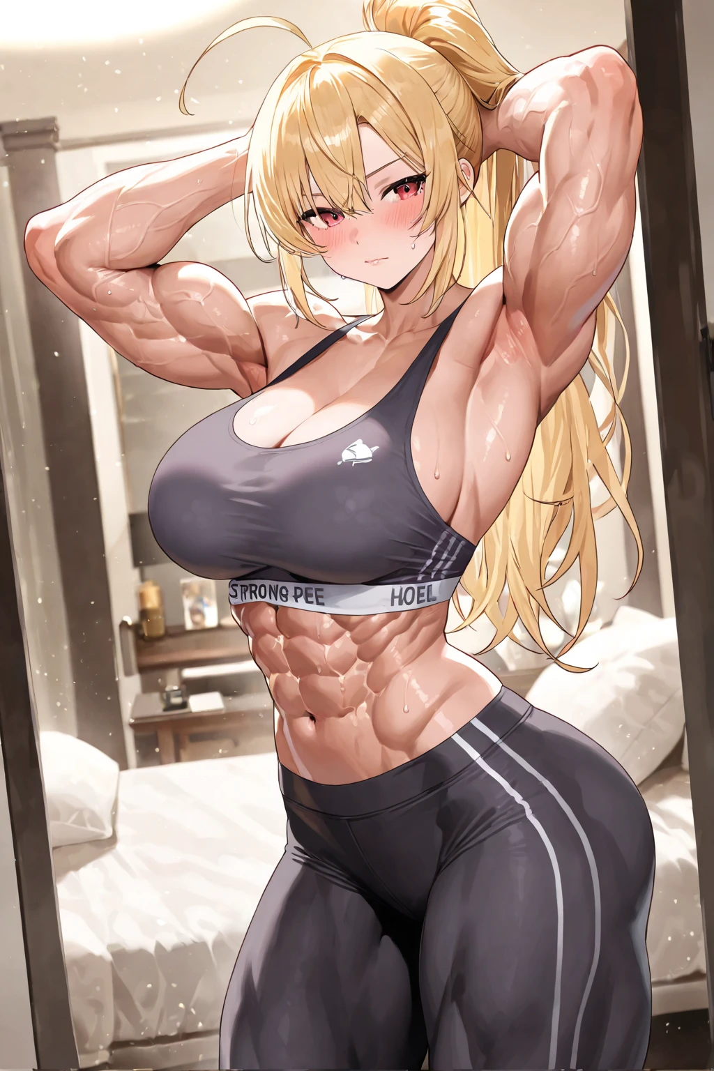 Very detailed、highest quality、Best image quality、masterpiece、8k、Anime Face、A kind smile、(Open your mouth:1.3)、Sparkling blue eyes、(Blonde semi-long hair:1.5)、(Muscles of the whole body:1.3)、(highleg:2.0)、Thigh belt、(Cowboy Shot:1.5)、(SFW Giant)、(Thick body:1.2)、(bra:1.5)、(sxspnts)、(Hands on :1.1)