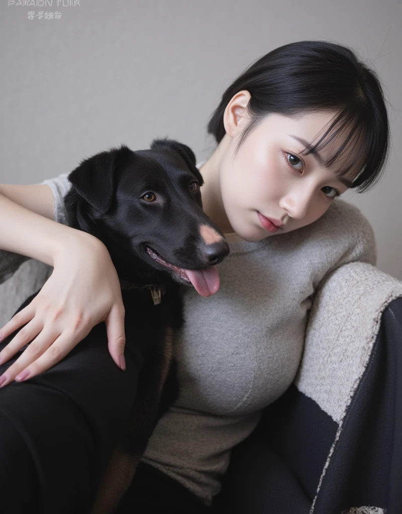 Woman with short wavy hair, with black American Bully dog with white markings on the chest, in the middle of the forehead and in the fingers on the paws 
