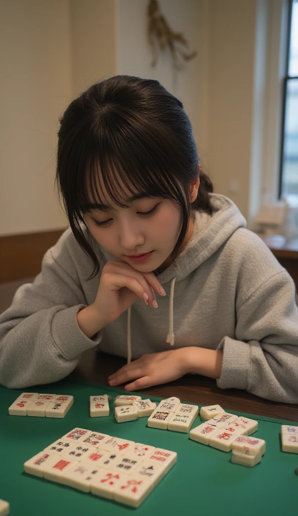 playing boardgame,having arms crossed,Shiny and white skin、Windy hair disturbs your cute face、giant、one 10 year old cute little beautiful face、Beautiful straight hair that stands out、spectacular, beautiful azure eyes with bright、Long soft bangs that cover cute eyes, face hiding hair super long hair cute young women long natural blonde shiny shiny hair,smile, Sitting around the table playing a board game, board game catan, The board game looks good, Table-centered composition,