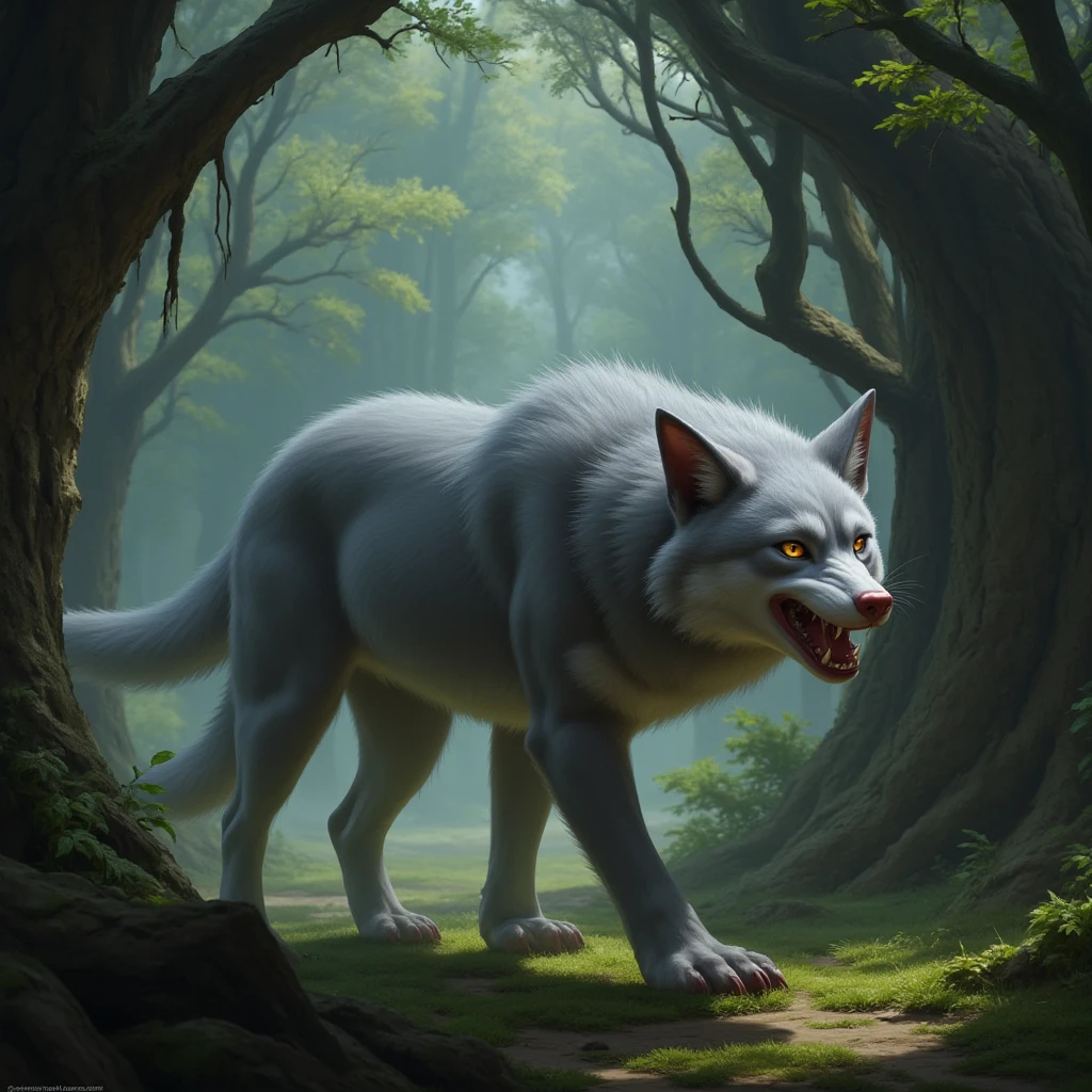 score_9, score_8_up, score_7_up, score_6_up, source_anime, furry female, solo, looking shocked, looking surprised, painful expression, (an adult human female is getting transformed into a gray wolff), an adult human female is getting transformed into a feral wolf , (transformation), at a forest, day time, wolf tail, detailed fur, very fluffy, Yellow eyes, eyes becoming from blue to yellow, wolf eyes, wolf face, on all fous, feral wolf, feral transformation, white fur, fur covering human tan skin, wolf bite mark on right arm, wolf muzzle pushing out , full body, standing , side view, unwilling, drooling , crying