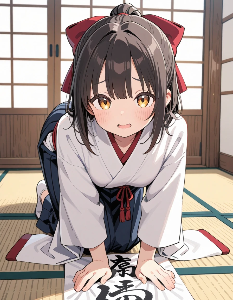 ((((1 girl)))), (), ( with a very young face), (flat ), (13-year-old), (beautiful slender body), long hair, Black hair, blue eyes, ((((short ninja costume)))), (((black and white ninja costume))), (((Sleeveless))), blue white , ((((horizontal striped )))), Showing , , sitting, Turn around and look back, embarrassed, blushing, , onara, , , big , from the , non-stop, Yellow smoke, Yellow smoke rising, Japanese tatami room, ((Blurry background with deep yellow fog))