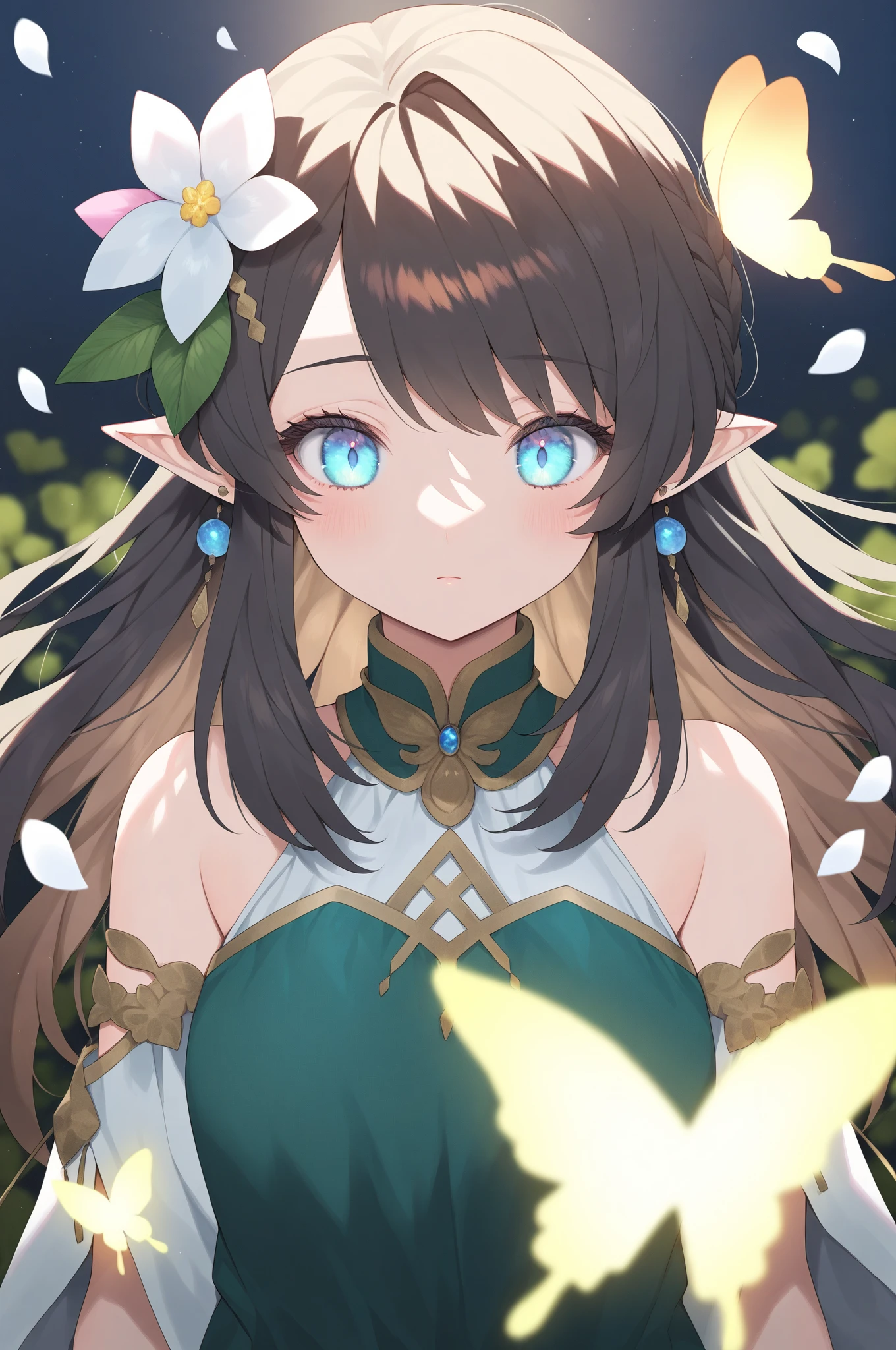 A very Very easy sketch of an elf princess from the mid evil age with very very very long BROWN hair  and dark green eyes And a small heart locket and two swirds on her back ￼￼