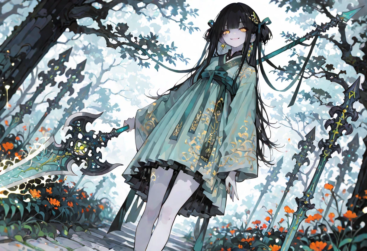 (Ultra-detailed), Masterpiece, hiquality, 1girl, hairlong, Petite, Short dress, blown by the wind, You can see the , in full height, Photos from a long distance, smug, In the bamboo forest,