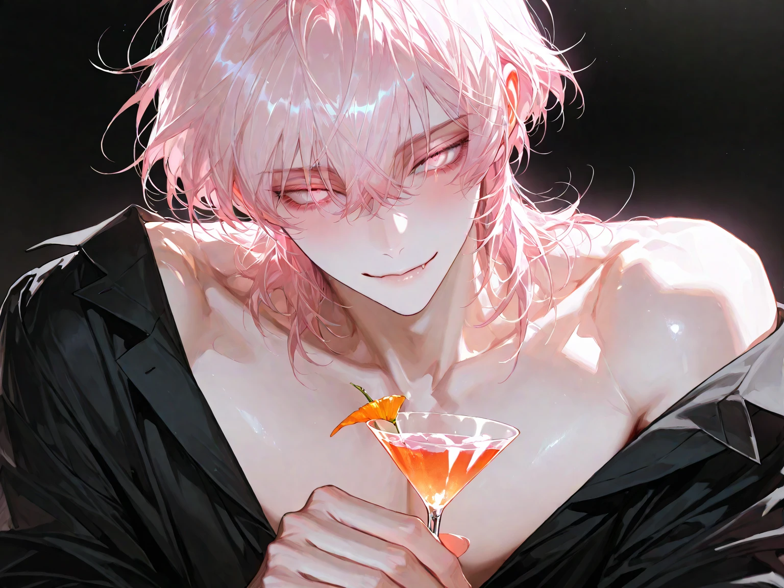 A pink haired handsome male  reaper with violet eyes is sipping on wine