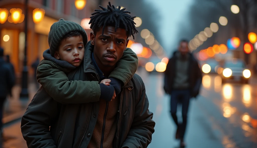 a poor african american  boy crying on the street, hyper realistic, extremely detailed facial features, photorealistic, cinematic lighting, highly detailed, emotional expression, dirty clothes, urban background, rainy weather, street, puddles, sad, melancholic, 1 boy, realistic, cinematic, dramatic lighting, gritty, moody, dark tones