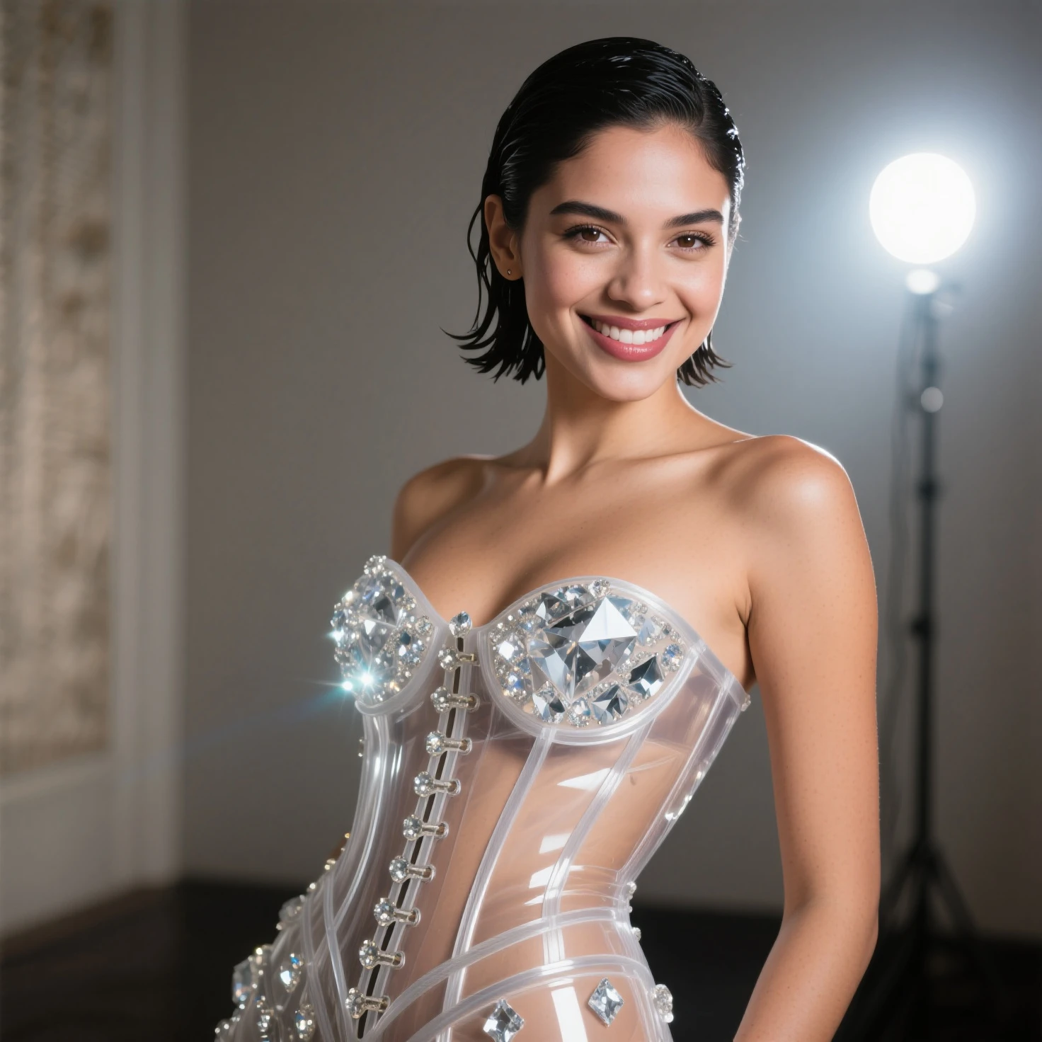 do high end photo retouching, photoshop retouch, detailed skin texture, don't change body parts or integrate, just perform retouching superb