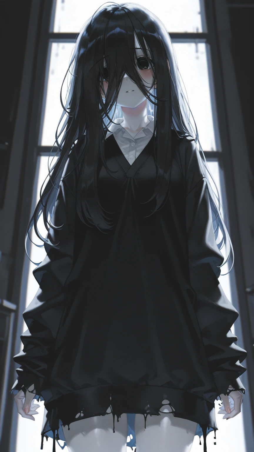 White dress, black petals, night, full body, darkness, black hair, long hair, standing picture, simple dress curse, sad, expressionless, dark eyes, snow background, sitting, back ,