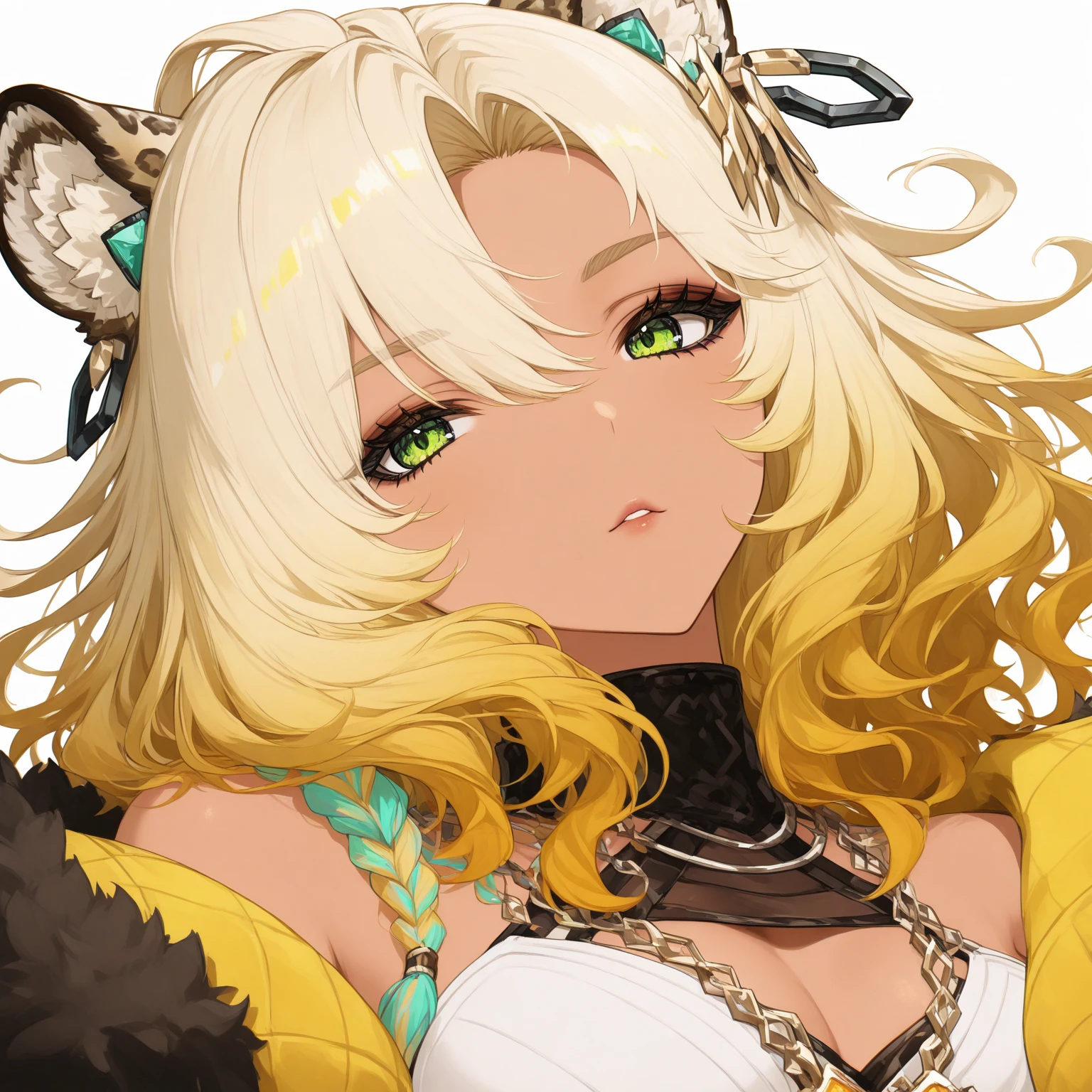 1girl、(((best quality)), ((masterpiece)), (details), masterpiece, best quality, high quality, ulutra detailed, perfect face, ((1girl, blond eyes, tiger ears: 1.3 blond long hair: 2.5,Mole under left eye：2.0))、Shiny Hair、Glowing Skin、 look、China dress、Sitting on a Chinese-style sofa、Stiletto heels、