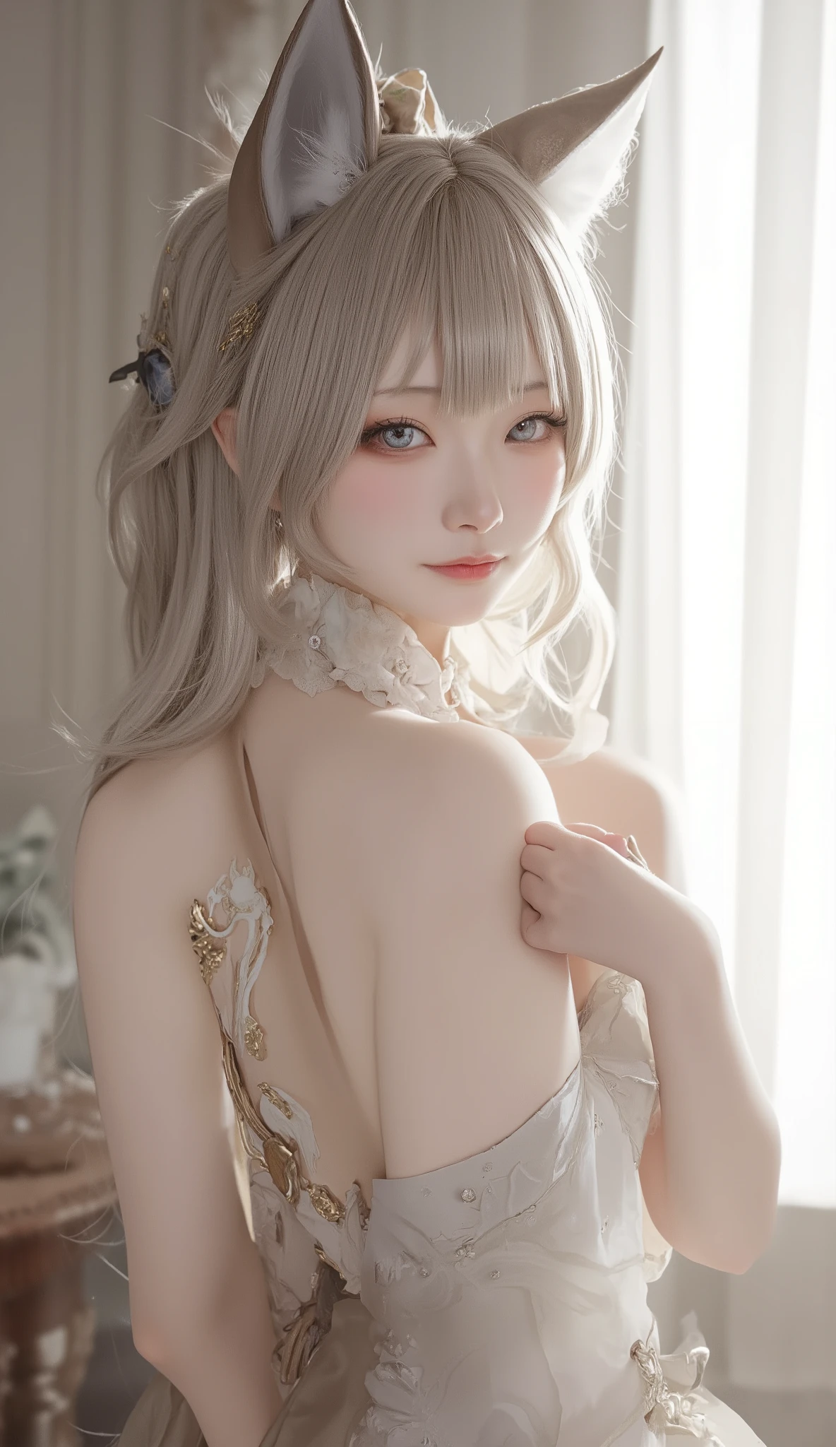 (masterpiece, Highest quality), Intricate details, One Girl, frozen, Long Hair, Pointy Ears, jewelry, Earrings, Twin tails, Long sleeve, Capelet, white Capelet, dress, Raise your bangs, white dress, belt, pantyhose、Wet floor、Wet feet