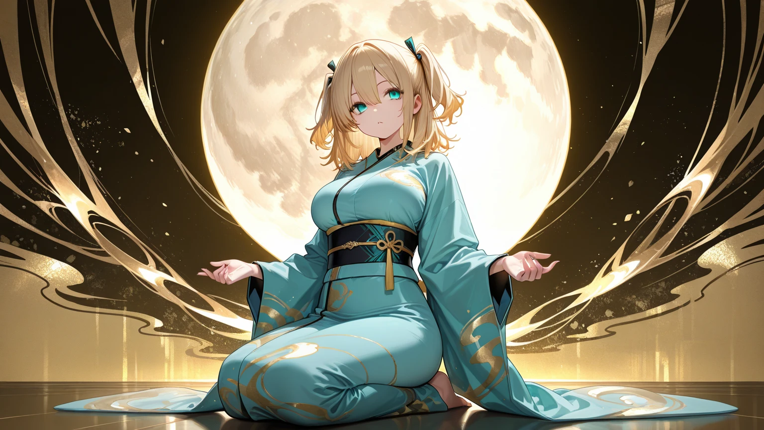 anime, one girl, blonde, hair is tying up, red eyes, kyoto, moon, kimono, sitting, solo, kamimeki, blush