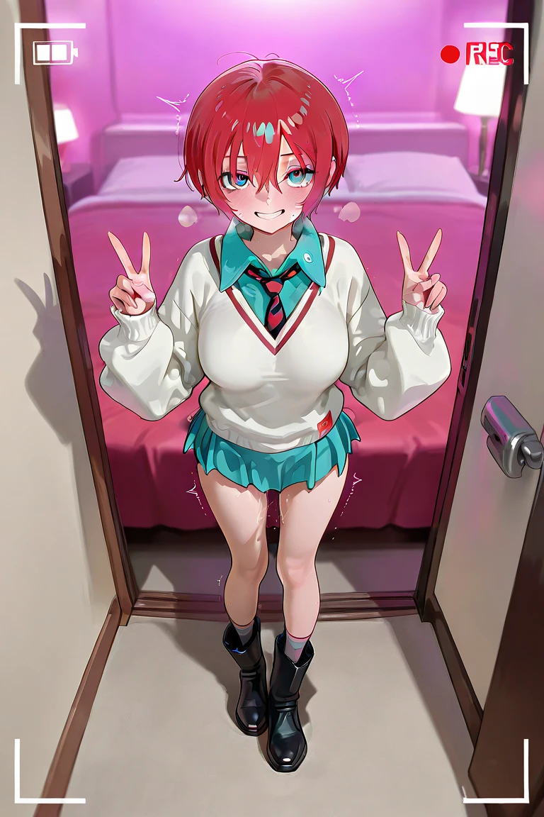 1boy, androginous:2.6, thigh highs:3.8, looking at viewer, red hair, oversized pink hoodie, pink eyes, , feminine pose, choker, cute smile, flat chest:1.6, femboy, full body, head to toes, simple scenery, bedroom scenery, black high heels,