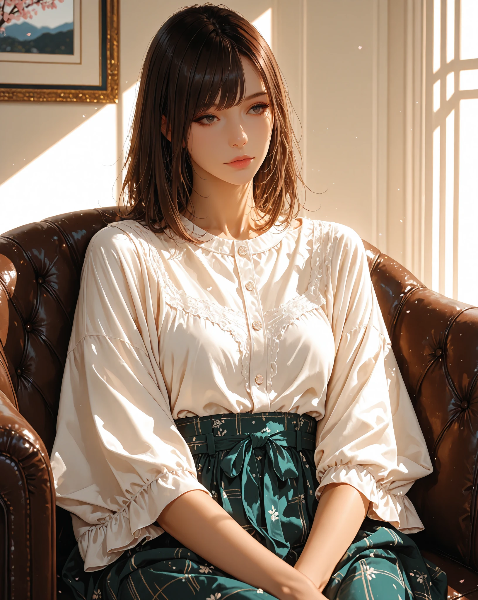 (SFW:2), photorealistic, realistic photo, ((highest quality)), ((masterpiece)), kukolnydom, doll, (mature woman:1.6), solo, ((eye level shot, sitting on sofa, reclining on sofa, skinny, slender, slim, brown hair, parted lips)), hairband, detailed face, green eyes, (looking down:1.3), (eyes out of focus, emotionless eyes, blank stare, empty eyes, detailed eyes, detailed face), dress, castle, 8k