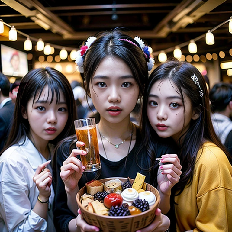 (Movie lighting), (Ray tracing), (Textured skin), (4K), (best picture quality), (Masterpiece), (detail), (full body), (delicate face), five girls pose with an apple in their hands, smiling at the screen