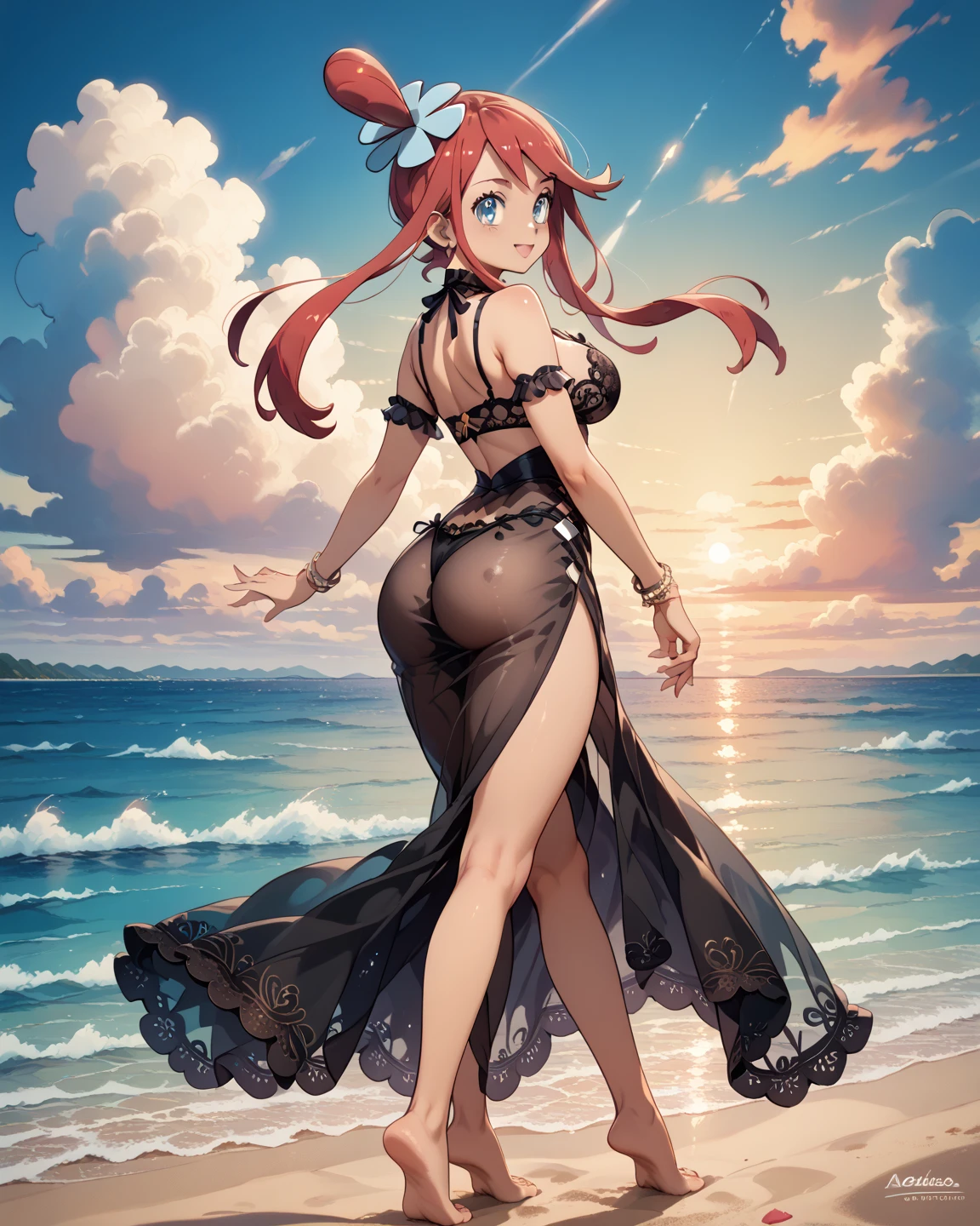 Masterpiece, top quality, best quality, official art, beautiful and aesthetic, anime, 1girl,extremely detailed, colorful, more detailed ((ultra-detailed)), (highly detailed CG illustration),Best Quality, High resolution, Unity 8k Wallpaper, (Illustration:0.8), (Beautiful detailed eyes:1.6), extra detailed face, Perfect Lighting, extremely details CG, (Perfect hands, Perfect ), seaside,sea,beach,evening, orangesky,clouds, black short hair,hat,smile, blue eyes,earrings,skinny fit,small breasts,wet, luxury bikini, back view, ,in middle, soft light.