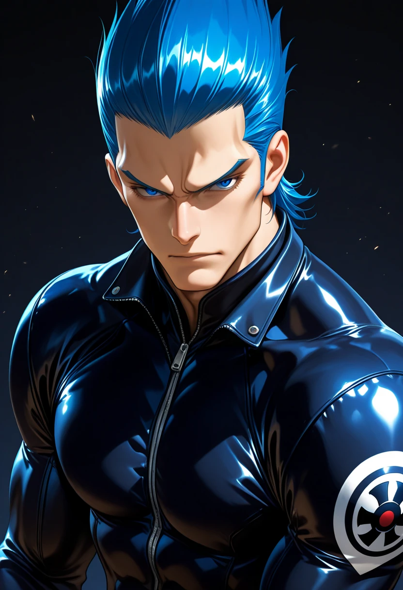 Man with black hair tied in a ponytail with light blue hair tips, spiral red eyes, a serious stance, with a coat of bright blue chakra energy covering his entire body as if it were a suit, black high neck long sleeve blouse, a pair of black pants, black sandals that only show your toes, two katanas on each side of his waist. The image is focused on the face, highlighting the eyes. manhwa