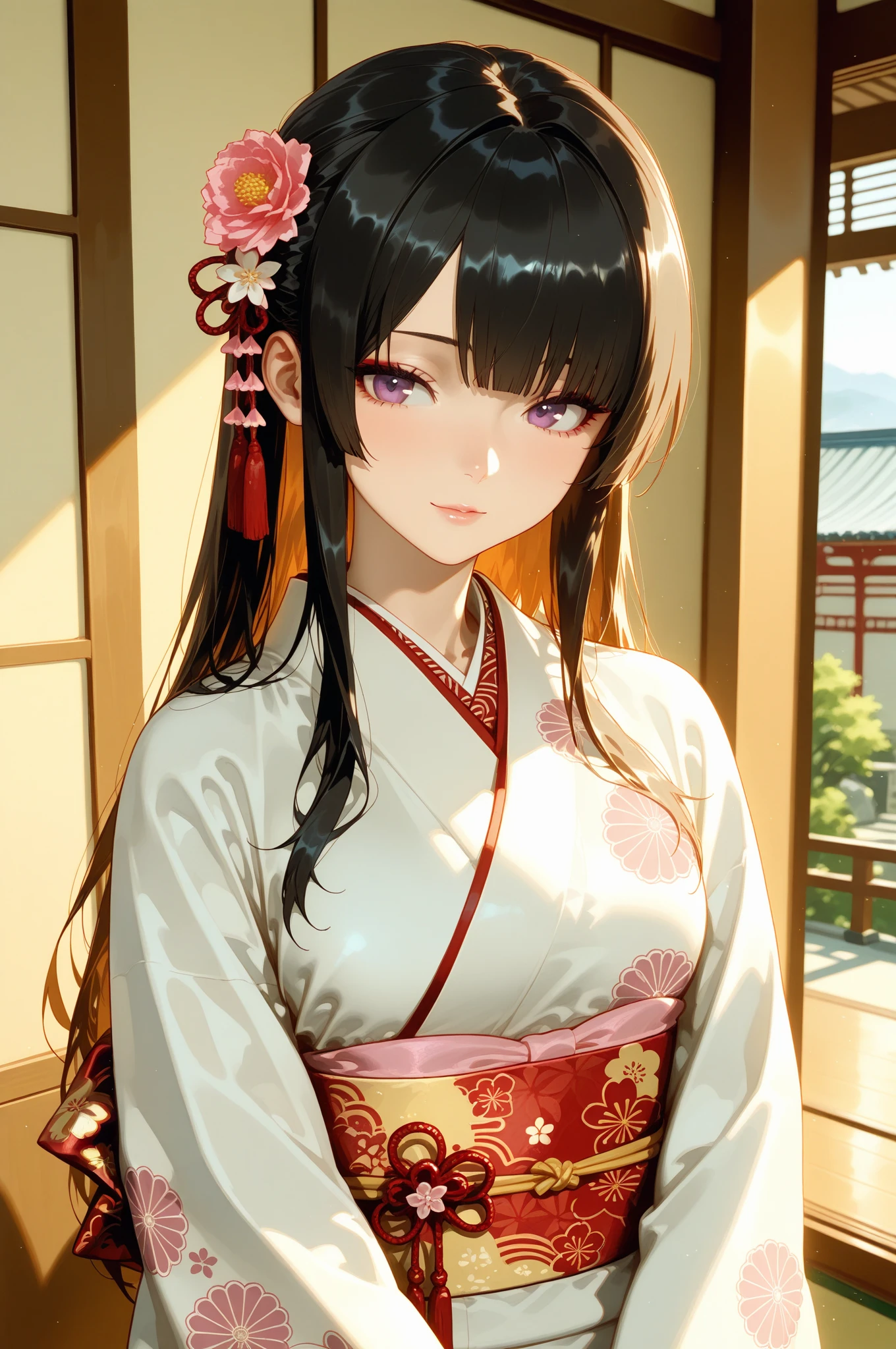 Kissing Face、Realistic、anime、Big eyes、Strong  desire、リアルanimeスタイル、anime、Hime-kun、Princess、Face it head on、bed、Sit sloppily、Disheveled colorful Japanese clothes、Open the chest、Place your hands on your chest、looking at the camera、Close ~ eyes、blush、Show your chest、Long black hair、Black-haired beauty、mole