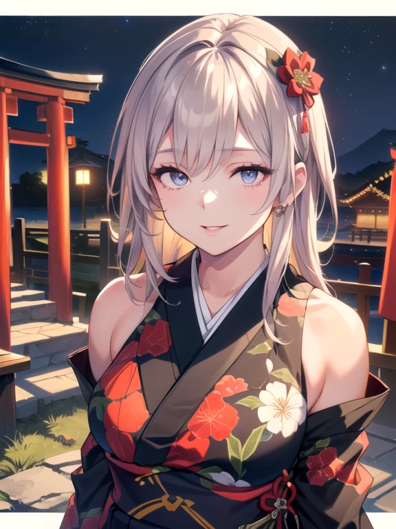 ((One personの女性)), Beautiful Face,((laugh)),((Wink:1.9)),((Touch your lips)), Laugh with your mouth wide open,((Bright red cheeks:1.4)),Shiny red lips,night,rooftop,Festive decorations,You can see the ocean, firework,Laughing with your mouth open,Glossy pink lips, lighting,((Anime style background)),masterpiece, Highest quality, so beautiful,up to date, Complex details, (Pink long nails),(ring),(bracelet),(choker),AI-generated, Complex,High resolution, Highest quality, super high quality,3D Images、3D Images,One person,Long white hair,High Ponytail,(Pale eyes),Anime woman posing for a photo, ((fine grain、Silvery white colorful eyes、Shining Eyes:1.4)),(Squint your eyes:1.1),a hyperRealistic , hyperRealistic , Realistic,Anime woman with long white hair, Smooth anime CG art, A woman in a colorful kimono with gold embroidery, (Black long sleeve kimono),Red floral pattern,Long flower hair ornament,big floral earrings,Mature Body,(Big Breasts:1.1),expensive,Abdominal muscles,Tight waist,(Zoom up to face:1.7),Shooting from diagonally below