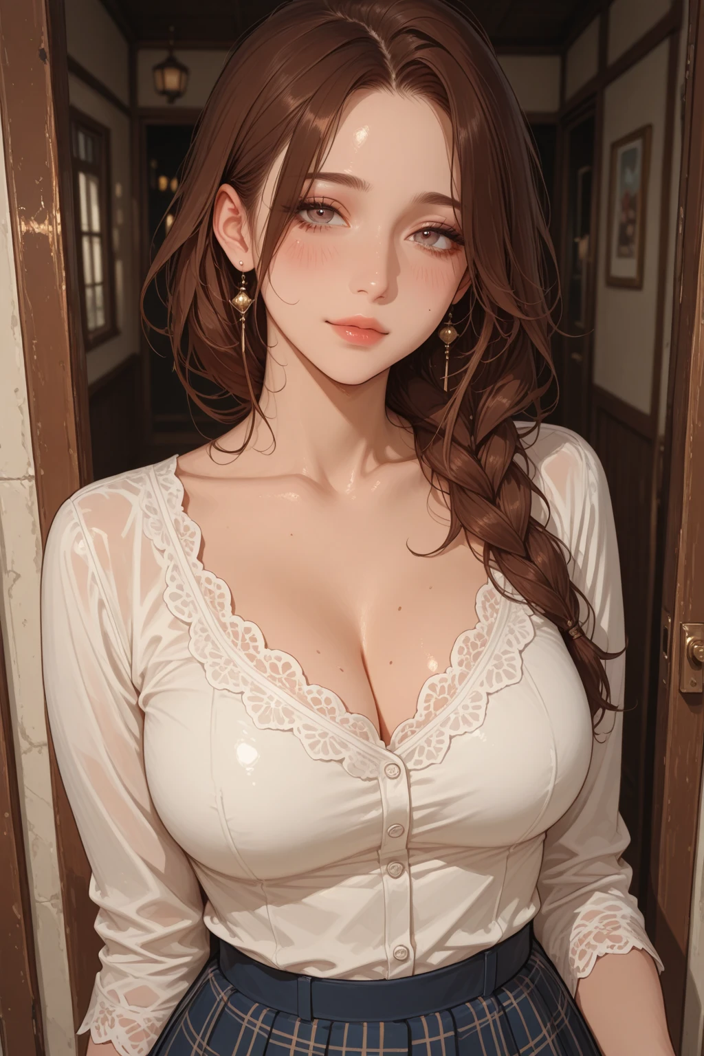 (8K, best image quality, master piece:1.2), (Realistic, Realistic:1.37), Super detailed, 1 、、 Lovely, solo, beautiful detailed sky, Detailed cafe, night, sat down, dated, (redness of the nose), (smile:1.15),(Please keep your mouth shut),beautiful and fine eyes,(collar shirt:1.1),night,Wish, ,(Long Hair:1.2),Flowing hair NovaFrogStyle,Two-dimensional beautiful girl