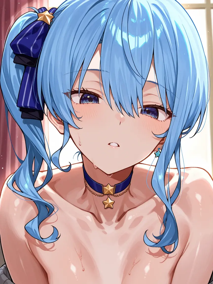 8K,highest quality,masterpiece, highest quality, High resolution, side ponytail, hoshimachi suisei,(((flat ????))),small ???????, ???????, （????????）,???????,idol costume,????? on face ,  ((( grinning smile ))), （catch head）, (((( under the desk )))), male, vein ?????  ,  