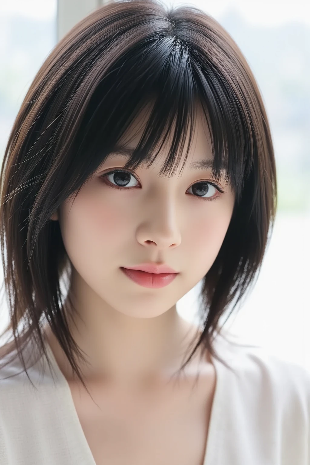 masterpiece、highest quality、High resolution、wallpaper、realistic、bright lighting、smooth lighting、japanese woman、Adult pretty woman、super beautiful、beautiful skin、slim、medium large、short hair、brunette colored hair、brown eyes、Big eyes、invisible tear bag、The camera is from the front、looks fun、knitwear