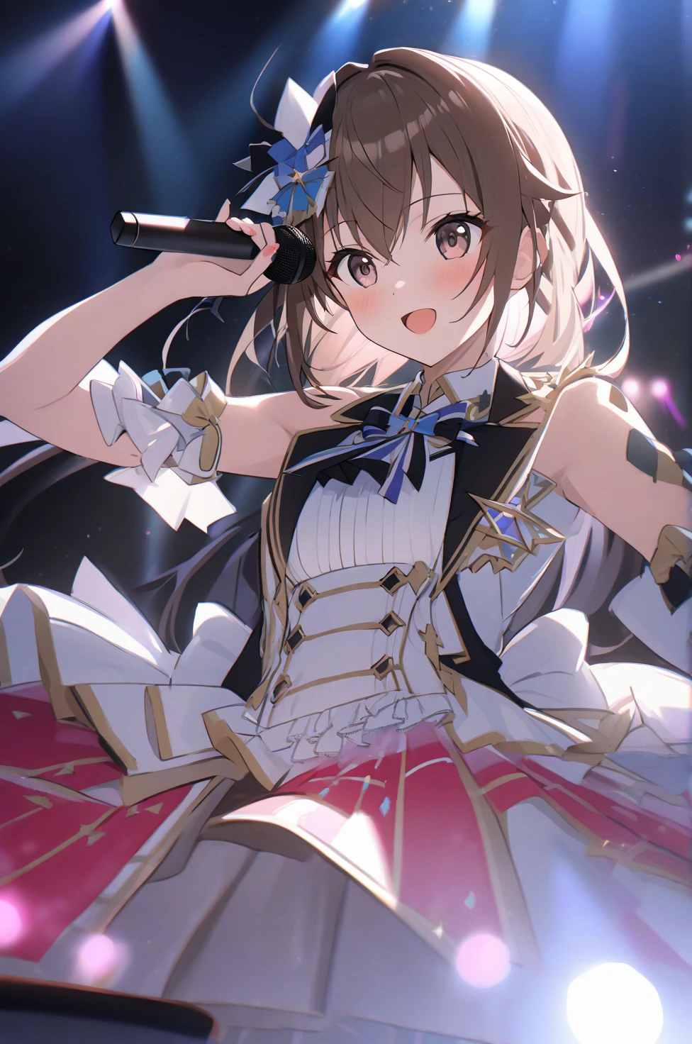 One girl, minaka satake (Million Live), Brown Hair, ponytail, (Highest quality, 8K, masterpiece, Super detailed:1.2), (Lens flare, Particles of light, Shine), Depth of written boundary, night, Mottled, Gradient Sky, Starry Sky, Aurora, (Magician's Hat, Magical Girl, medicine, gem:1.2), (Nice views, Unreal world, Bright colors:1.3), Shadow, Backlight, Falling petals, Pasture, Wind, From afar, whole body, Midcentury Castle,