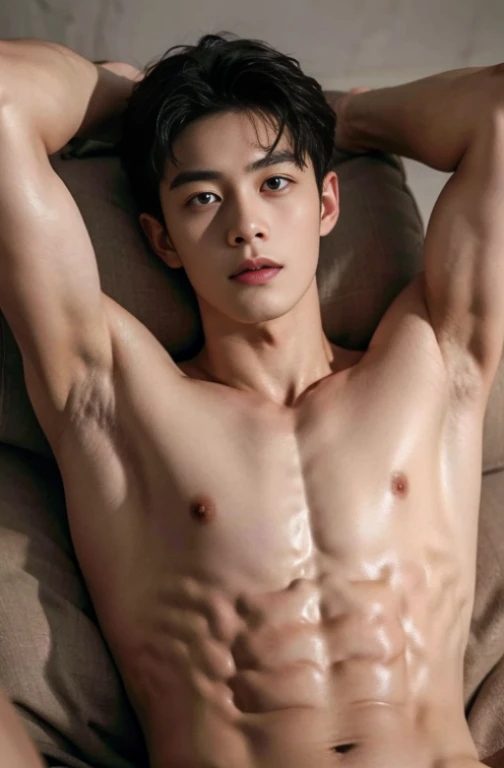 (absurdres,Super-resolution,masterpiece,best quality,finely detailed,absurdres:1.2), 1male, 20 years old male, slim bidy, athletic, small body, handsome Korean boy, attractive young boy, earrings, necklace, smirk, piercing, dynamic pose, dramatic illumination, bokeh, sweaty, realistic, hyper realistic, super detail, ???????, detailed body shape, detailed skin texture, detailed background, detailed face, realistic water, realistic flowers