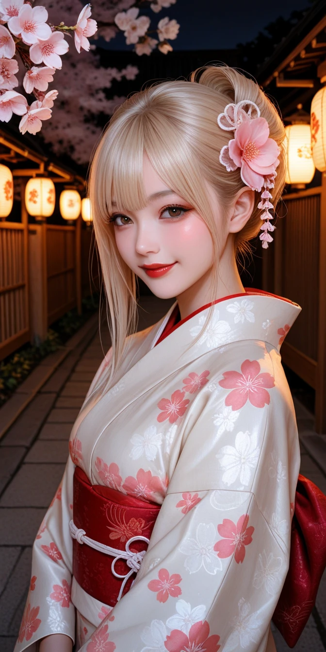 top quality、masterpiece、 Ultra A High Resolution、( photorealistic:1.4)、 RAW photos 、 Detailed CG image quality 、 cyberpunk 、 beautiful face、 one girl 、 Japanese 、18 years old、、 pink lipstick 、smile、(platinum blonde hair:1.4)、 skin is tanned 、(The hair is bundled at the top and secured with a hairpin), ( kimono)、 、Detailed portrait、8K quality、 concept art、 Cinematic Dramatic Atmosphere 、( Japanese Shrine:1.2)、( Japanese Red and White Lanterns :1.2)、wind chimes、( Festival Flags ,)、 sharp focus、Volumetric Light、 cinematic lighting 、 Colorful Neon Lights 、 depth of field、 Ambient Lighting 、 blurry foreground 、 blurry background、綺麗な柄の kimono、Baby Face、 slender 、 、 Dark Tanned Skin 、 looking at camera、whole body、My body is facing this、 bun hair