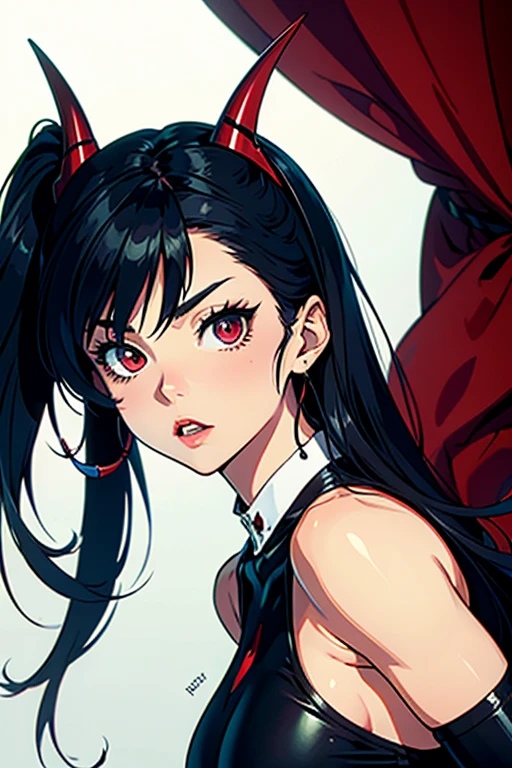 (kind_smile),(red lips:1.4),epic-Ultra-HD-details, epic-Ultra-HD-highlights, anime-upscaled-resolution,(realistic, photo-realistic:1.37), precise and realistic hair:1.1), beautiful detailed eyes, extremely detailed eyes and face, awardwinning, amazing details, super detail, best quality, 1080P, 8k, masterpiece（fullbody shot：3.0）, 1girl, asymmetrical bangs, ????????????, (red leather jack:1.2), glowing white hair,asymmetric bangs,(white short bobcut),(back side long single ponytails),(long single ponytail wafts to the ?????),necktie between ???????, midlle ???????, Glowing, eyes, (bone devil horns:1.5), eye shadow, Eyeliner, devil tail, Black Halo, tattoo on ???????, hair strand, (((detail bones)))