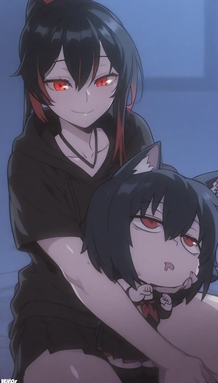 （Silver Hair 1.3），Very Short Hair,Red Eyes，Wolf ears,Wolf Girl　Sleepiness　mysterious　Gothic　Black Costume　Belt on torso　(TV anime image format)　(TV anime screenshots)　((((small_breasts))))　Naked Girl