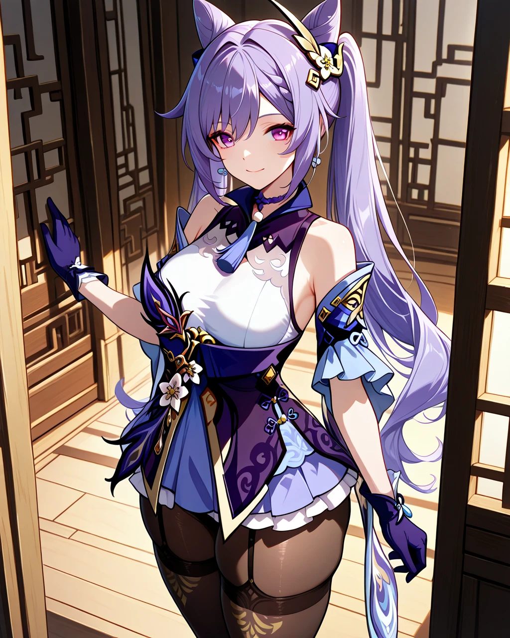 masterpiece, best quality, hyper-detailed, 8k resolution, RAW photo, gorgeous face, perfect body, 18yo, Neck turtle, happy, purple hair, smile, night, kissed face, stars on the sky, wearing opulent splendor, near to camera, staring to camera
