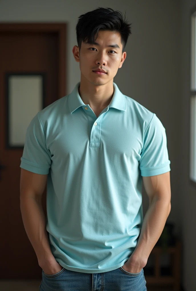 Masterpiece, best quality, high resolution, realistic, handsome, Take beautiful photos, A photo of a 35-year-old Gym Association member sitting on the floor. (The man has a thin mustache.) ,Full body, Portrait, Standing in the locker room, make military media, weight, Amazing , Buzzcut short hair,stubble head , (Hyper Muscle),looking at the audience, Flirt with the camera, charming, (Tight navy blue polo shirt Cargo pants ),(GS-Male:1), 8k,Bokeh,Portrait,look at the viewer, smile 