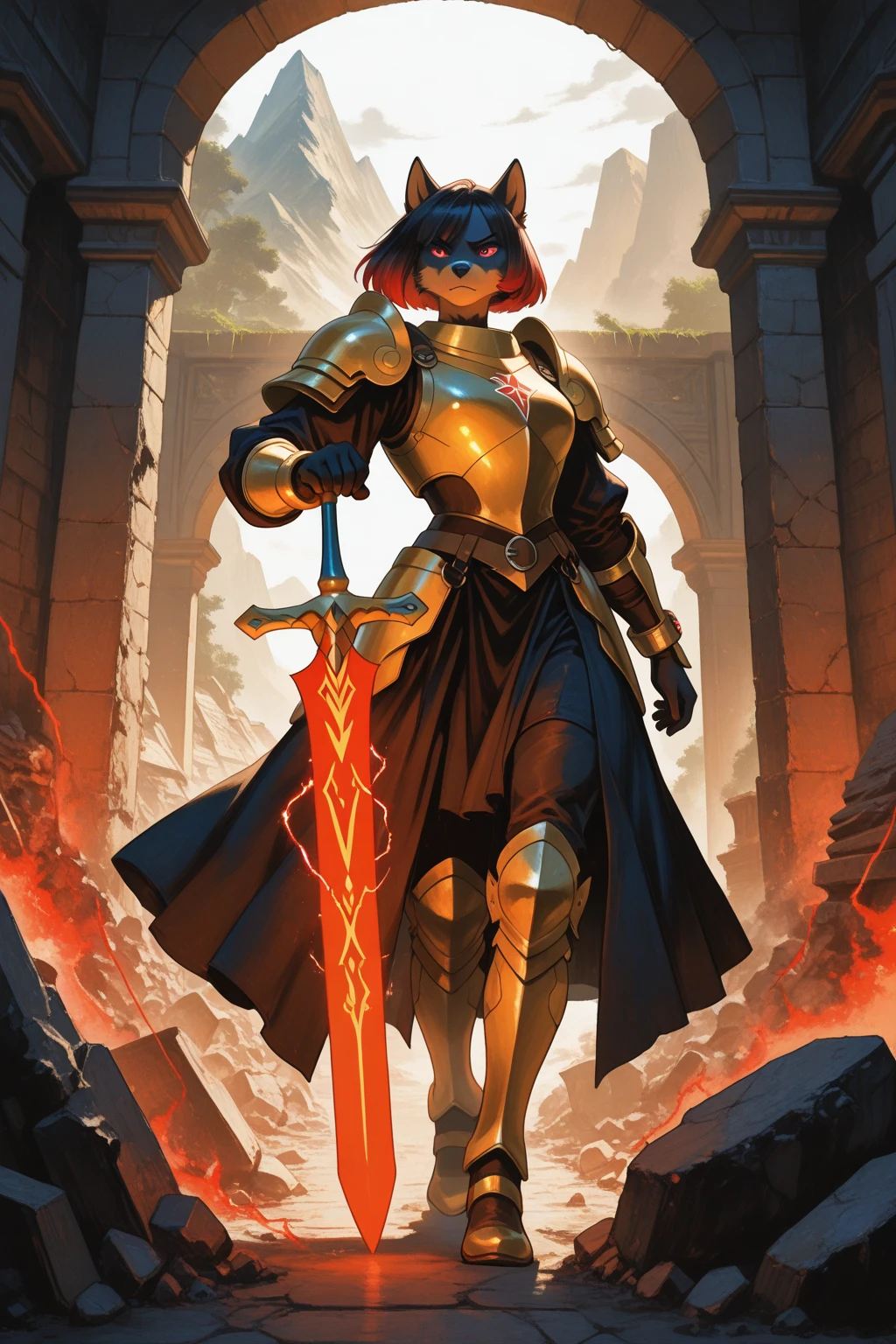 Front view of A beautiful Indonesian lady with ponytail hairstyle, wear black and red shiny heavy armor and protective legs, holding a shiny gold samurai and big shield, walking in gladiator arena. Ultra Hd