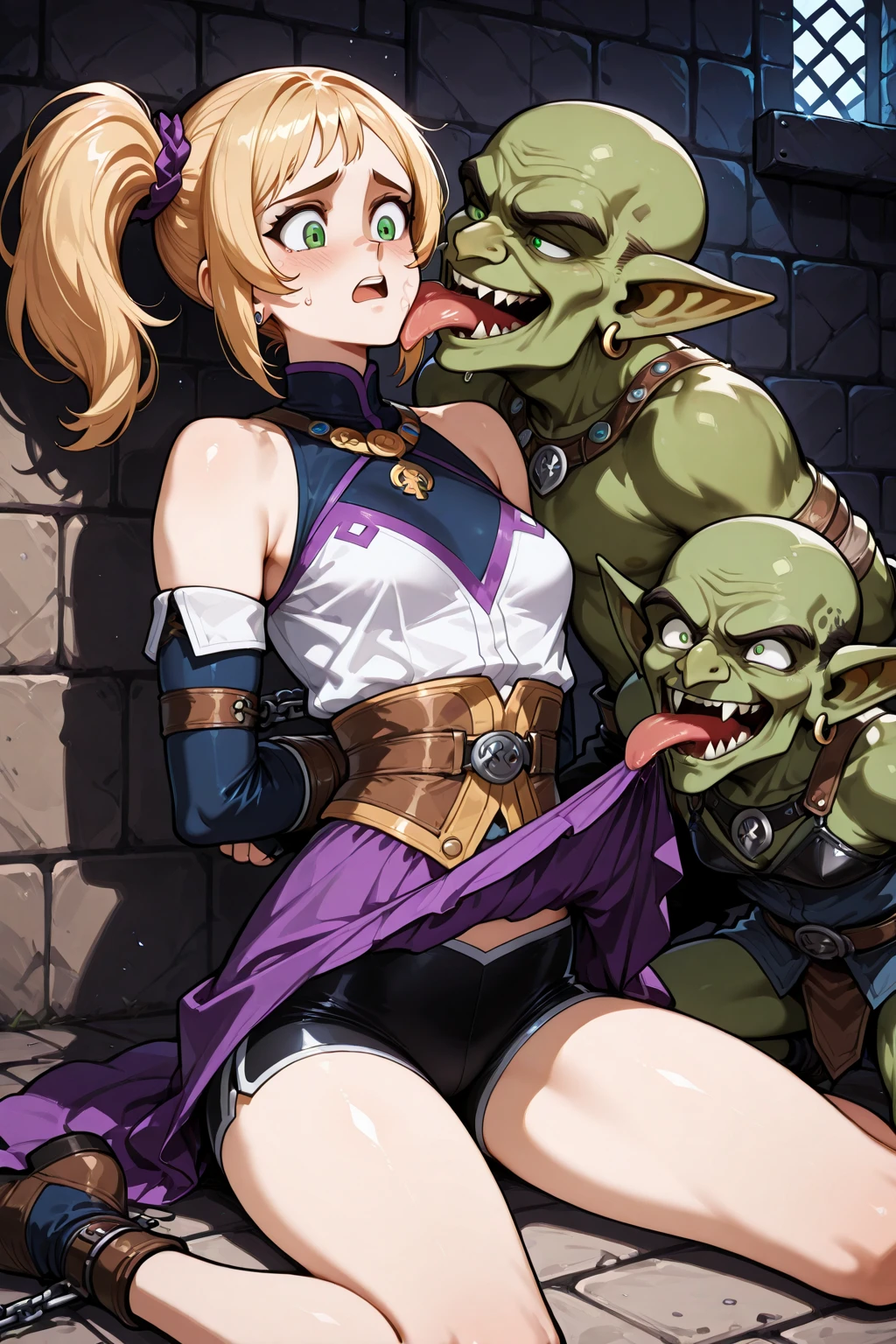 ????:1.5,1 mature female,Age 25, (1 mature, muscular female paladin,((Strong body:1.5、Abdominal muscles:1.5))、Age 25,Gorgeous Paladin Armor,Arm guard,Leg guards,Loincloth),(A female paladin surrounded by three male goblins),(凶悪なGoblin ???????),Fantasy World,Goblin ???????,monster,(blush,Are crying:1.5、tears),((Torn clothing:1.5)),(Torn clothes:1.5)、Dynamic Angle,Micro Panties、????????????:1.5、((Overflowing ??? Fluids:1.5、Sweat:1.5))、??????、???、The boss goblin is committing the crime、?????????、(Moss green ?????)、A male goblin ??????? and ????????、Goblin pulling clothes、(Violate from the side:1.5)、Wavy Long Hair、Sigh、Hands on knees、???? ???????????、Standing back、Bonfire、Crawling