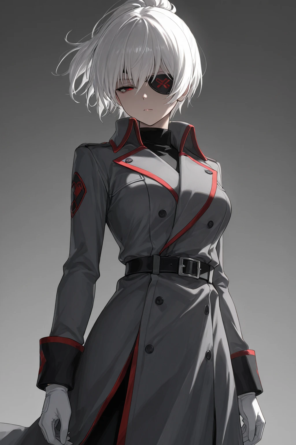 (Confused, High resolution, Very detailed), 1 female, Silver Hair,Bob Hair,Bright red eyes,White and black military uniform,24th generation,beauty,mature,thin,quiet,Calm,A small smile,A kind smile,In front of people you like,Long coat,Slender and thin,boots,skinny pants,observatory,Small ,