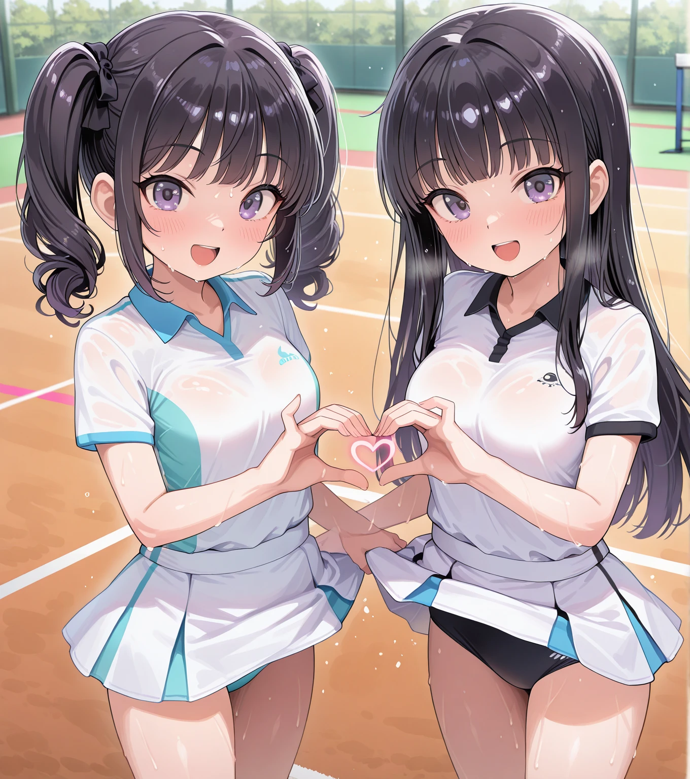 (:1.1), (masterpiece:1.3), (ultra detailed:1.2), (2girls:1.8), (tennis court:1.5), (pov:1.6), teens, black hair, blonde hair, 
(baby face, cute face:1.3), (smile:1.3), (blush:1.5), open mouth, (medium :1.3), (shiny skin, oily skin:1.3), (sweat:1.6), (breath, steam:1.2), (face detailed, body detailed:1.6), (tennis wear, skirt, tennis knicker:1.5), (cloth detailed,  detailed, tennis knicker detailed, hip detailed:1.6), (standing:1.3), (wear lifted,  :1.2), (looking at viewer:1.2), (kneeling:1.5)