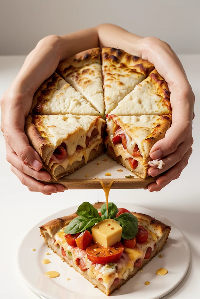 Two slices of pizza with melted cheese and ingredients in the air