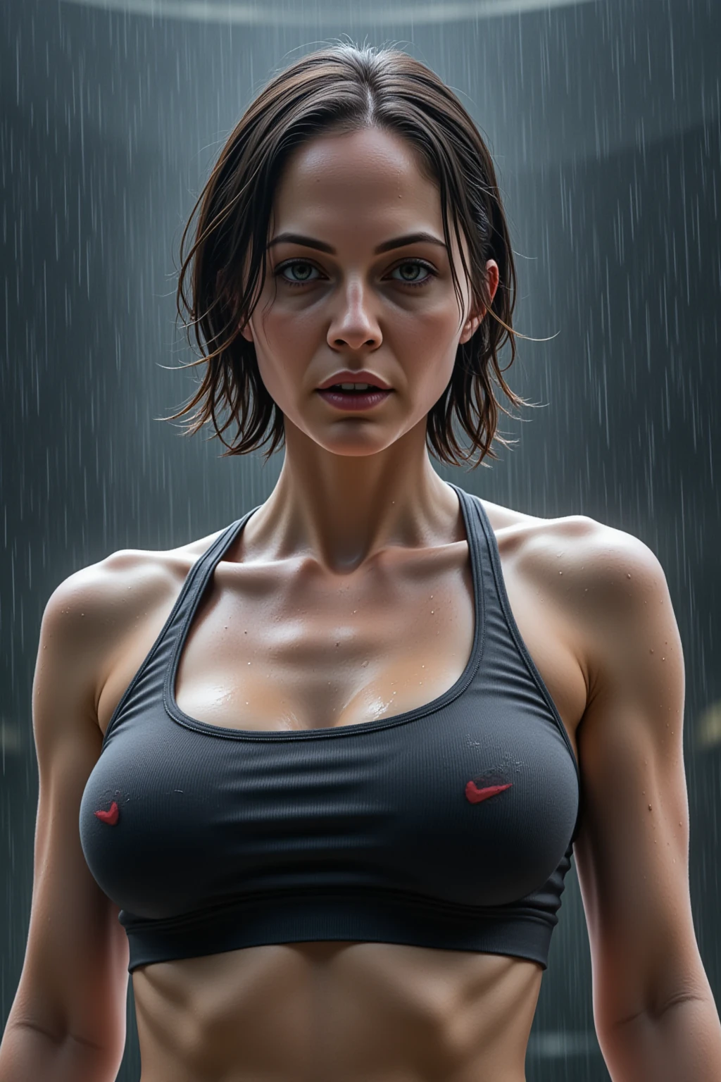 (Female wrestler)、a muscular build、6 Pack Abs、Dramatic Wrestling Outfits、On the wrestling ring stage under the spotlight、Detailed portrait、(Highest quality、4K、8K、High resolution、masterpiece:1.2)、Super detailed、(Real、Photorealistic、Photorealistic:1.37)、Dynamic action poses、Dynamic lighting、Cinematic composition、Highly detailed  features、Highly detailed eyes and face、Long eyelashes、Chiaroscuro Lighting、Dramatic Shadows、Striking color palette、Bright colors、