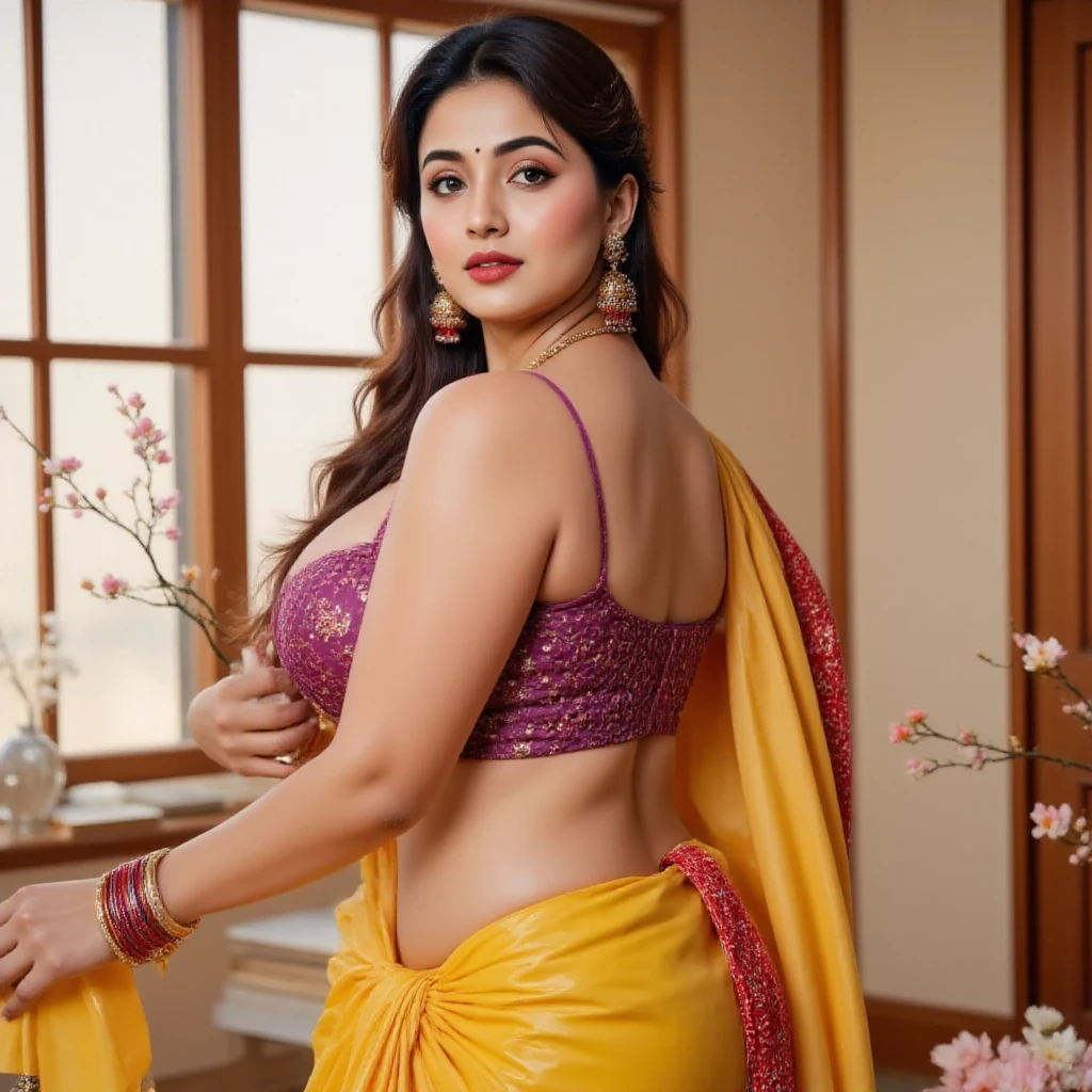 a woman in a blue and pink sari posing for a picture, blue colored traditional wear, pink and blue colour, indian super model, blue and pink, sari, dressed in a sari, wearing a sari, blue and pink shift, pastel blue, blue and pink colors, with a blue background, pastel blues and pinks, indian, soft blue and pink tints,big cheeks, curvy, hourglass figure, swooping breasts, deep cleavage, open arms, sexy armpits, holding vessel and standing with wide open  in kitchen, necklace, (cinematic:1.3), intricate details, (ArtStation:1.2)