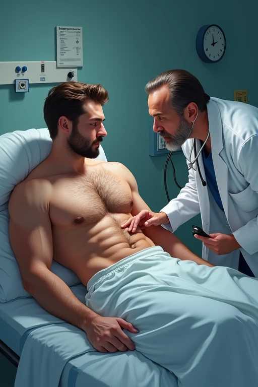 Attractive  male doctor with brown hair and mustache wearing , wearing khaki pants and showing abs with stethoscope around his neck and medical gloves on