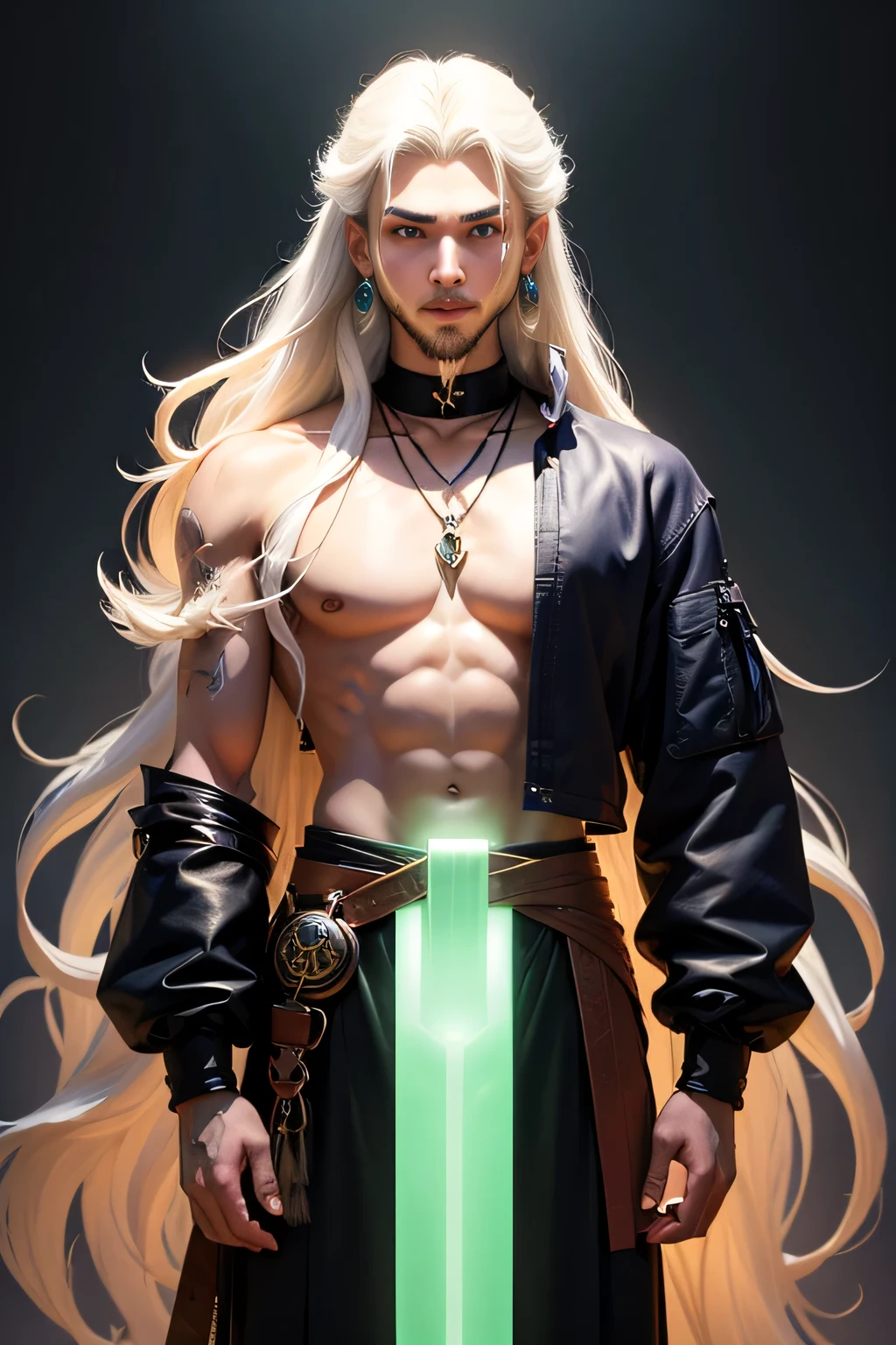 A young man with long white dreadlocks, dark skin, a melancholic expression, drooping eyelids and eyebrows, a lean face, a thin yet sturdy build, a tattered and ill-fitting light blue fantasy-style adventurer's shirt with short sleeves, revealing his abs, a silver breastplate on his left chest, a large sword is strapped to his back, a yellow belt, white coarse cloth trousers, stands nervously in a fantasy-style western town, this character embodies a finely crafted fantasy-style adventurer in anime style, exquisite and mature manga art style, dramatic, high definition, best quality, highres, ultra-detailed, ultra-fine painting, extremely delicate, professional, perfect body proportions, golden ratio, anatomically correct, symmetrical face, extremely detailed eyes and face, high quality eyes, creativity, RAW photo, UHD, 32k, Natural light, cinematic lighting, masterpiece--perfect, masterpiece:1.5