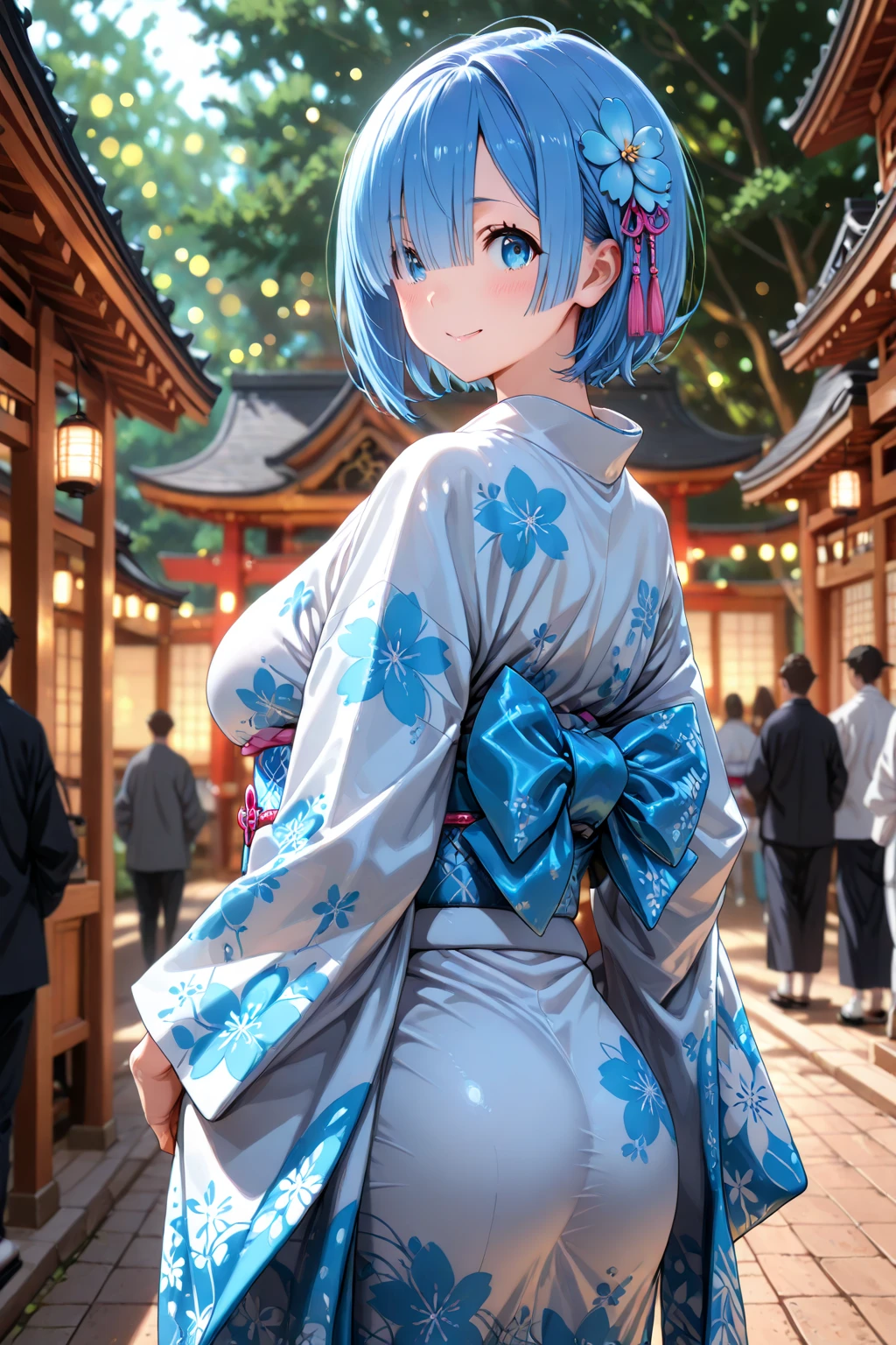 sky Blue hair, (braided ponytail),(pink eyes),fair skin ,(full body),(1 girl),smile,Straight Bangs,(masterpiece, best quality, ultra-detailed, best shadow), (detailed background), (beautiful detailed face), high contrast, (best illumination, an extremely delicate and beautiful), ((cinematic light)), colorful, hyper detail, dramatic light, intricate details,rain shower,kyoto,Japanese Umbrella,black kimono,