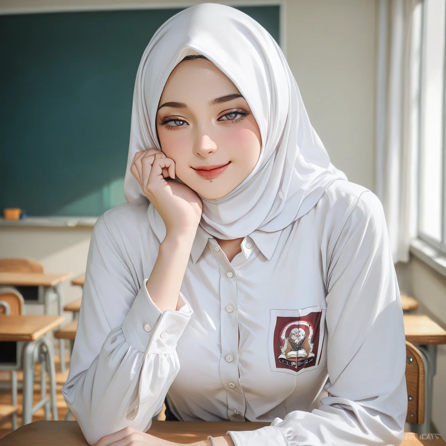 Arafed woman in a blue shirt and blue skirt with a white scarf - SeaArt AI