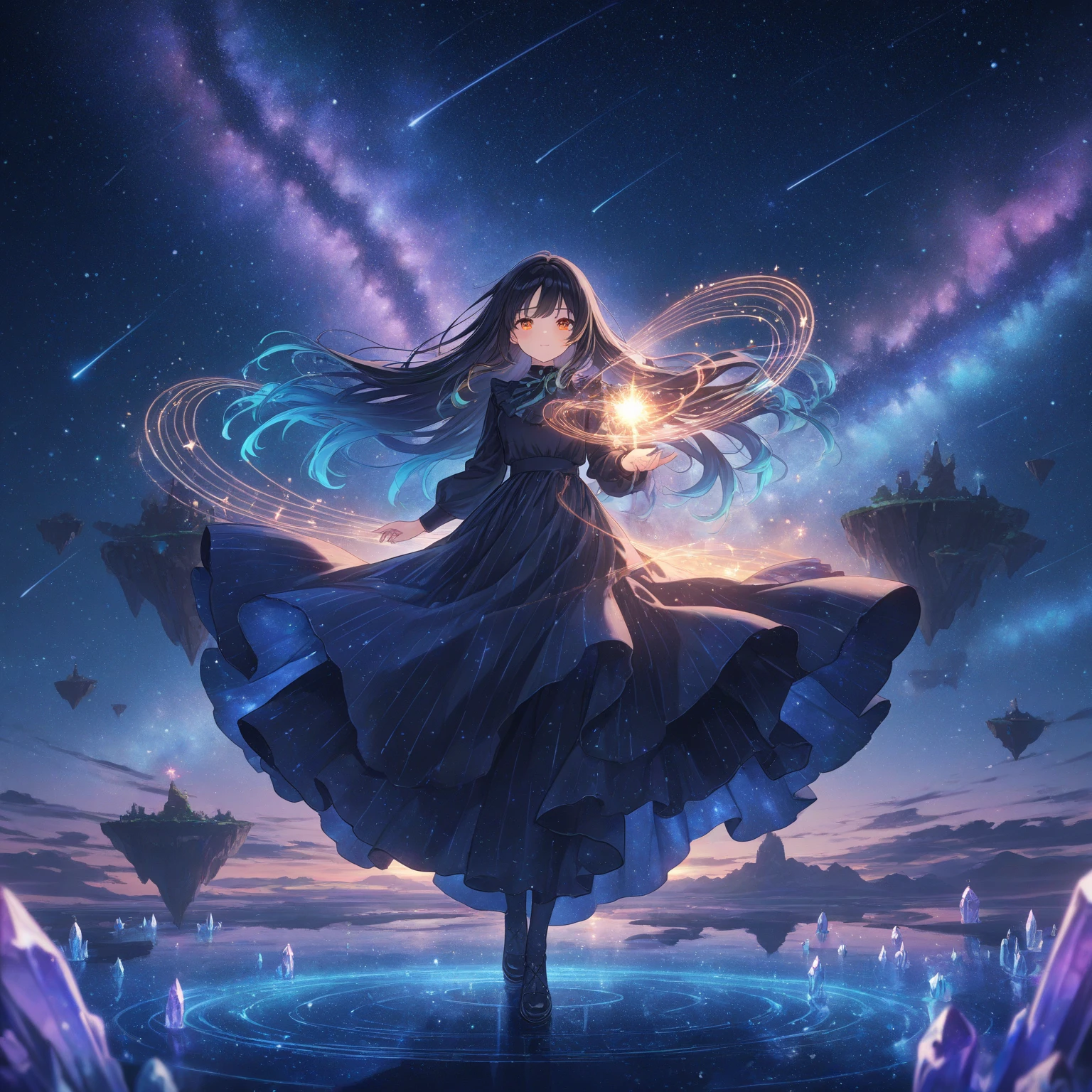 Vast landscape photo, (viewed from below, the sky is above and the open field is below), a girl standing on a flower field looking up, (full moon: 1.2), (meteor: 0.9), (nebula: 1.3), distant mountains , Trees BREAK Crafting Art, (Warm Light: 1.2), (Fireflies: 1.2), Lights, Lots of Purple and Orange, Intricate Details, Volumetric Lighting, Realism BREAK (Masterpiece: 1.2), (Best Quality), 4k, Ultra-Detailed, (Dynamic Composition: 1.4), Very Detailed, Colorful Details, (Rainbow Colors: 1.2), (Glow Lighting, Atmospheric Lighting), Dreamy, Magical, (Solo: 1.2)