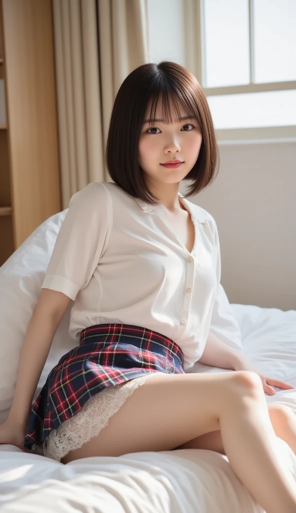 (masterpiece、Highest quality:1.7)、(13 years old:1.5)、(Full body shot:1.5)、Bobcut、Black Hair、85mm、16K、Official Art、RAW Photos、Best Beautiful Faces、Close-up、Violet、Gardenia、The best beautiful girl、very cute、Red blush on cheeks、indoor、(Sit on the couch:1.8)、Film Grain、Chromatic Aberration、Sharp Focus、(((Nice hands、Perfect hands、Perfect Fingers、A perfect body without flaws)))、Detailed face、(Slender body:1.5)、(Slender body:1.4)、(Small breasts:1.7)、(Let your bangs hang down:1.8)、(Blushing:1.8)、(Low contrast lighting:1.2)、(White tight business blouse with collar:1.5)、(White bow tie blouse:1.3)、(Long sleeve: 1.3)、(White pleated :1.5)、(White School Socks:1.5)、(Eyes closed:1.5),(Holding my arms over my chest:1.5),(Hands in crotch:1.5)