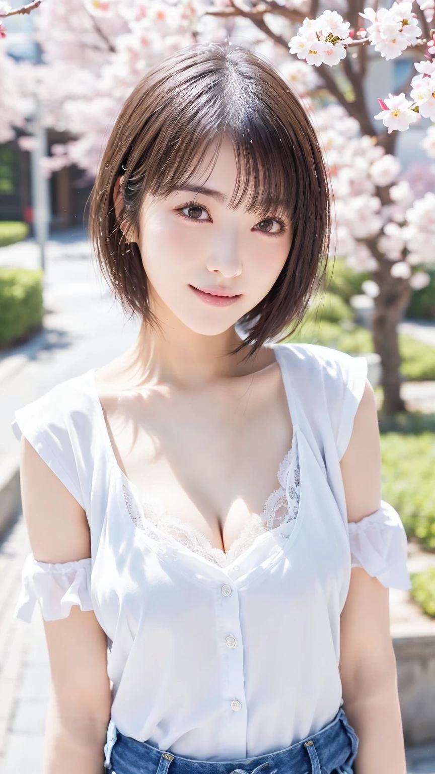 masutepiece, Best Quality, Illustration, Ultra-detailed, finely detail, hight resolution, 8K Wallpaper, Perfect dynamic composition, Beautiful detailed eyes, Women's Fashion Summer,Medium Hair,Small breasts natural color lip, Bold sexy poses,Smile,Harajuku、20 years girl、Cute、Sexy shot looking at camera