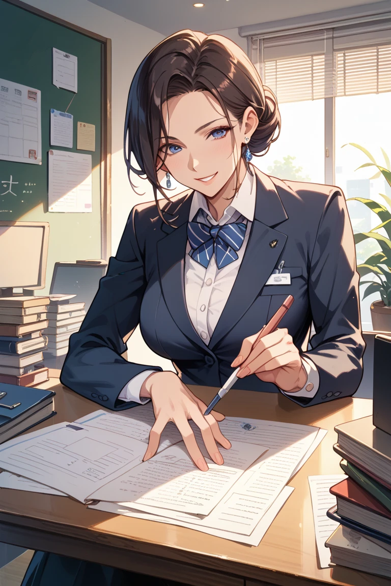 (masterpiece, best quality),  intricate details,
1girl,   kobenidef, short ponytail, hairclip, formal, suit, black necktie, long sleeves, black pants, 
indoors, office, working, professional, desk, paperwork, detailed illustration (side view),dynamic angle, ultra-detailed, illustration, clean line art, shading, anime, detailed eyes, detailed face, beautiful face, dramatic lighting, detailed illustration, dynamic angle, ultra-detailed, illustration,

Ultra HD, super high quality, masterpiece, detailed, 8K, The place is a business corner office, A office secretary in the room room,１Person sitting, hand singing documents, working at a desk, 30 year old female secretary, has long black hair, Has blue eyes, She has cow horns and a glamorous figure, The clothes she’s wearing are a camisole and a , Knee-high, Pretty , business clothes, anime girl, cow horns on head, cow ears, no human ears, anime woman,